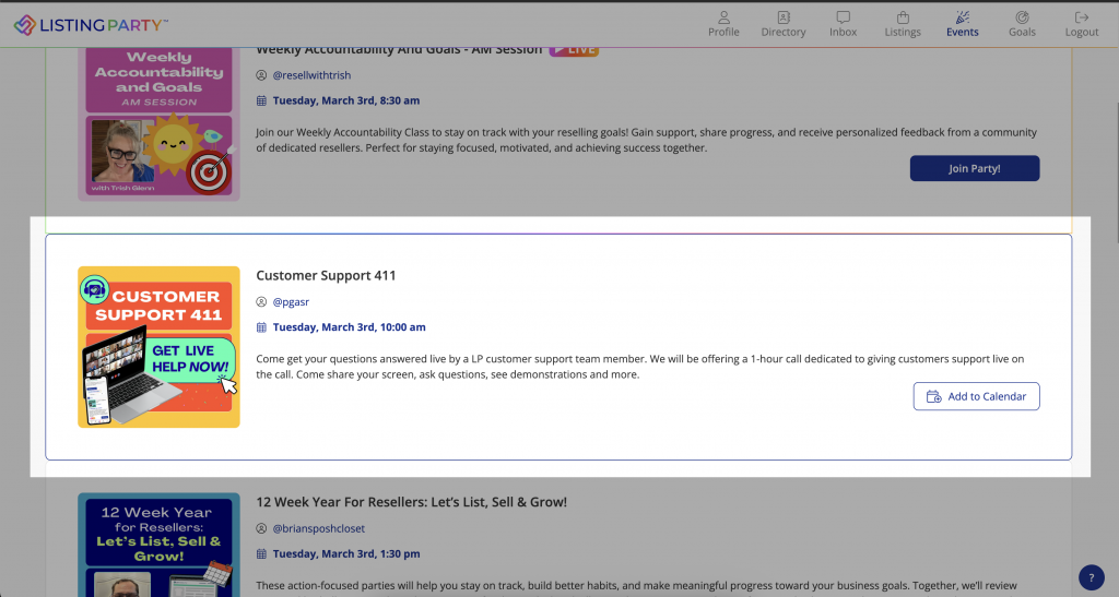 Listing Party events list showing customer support 411.